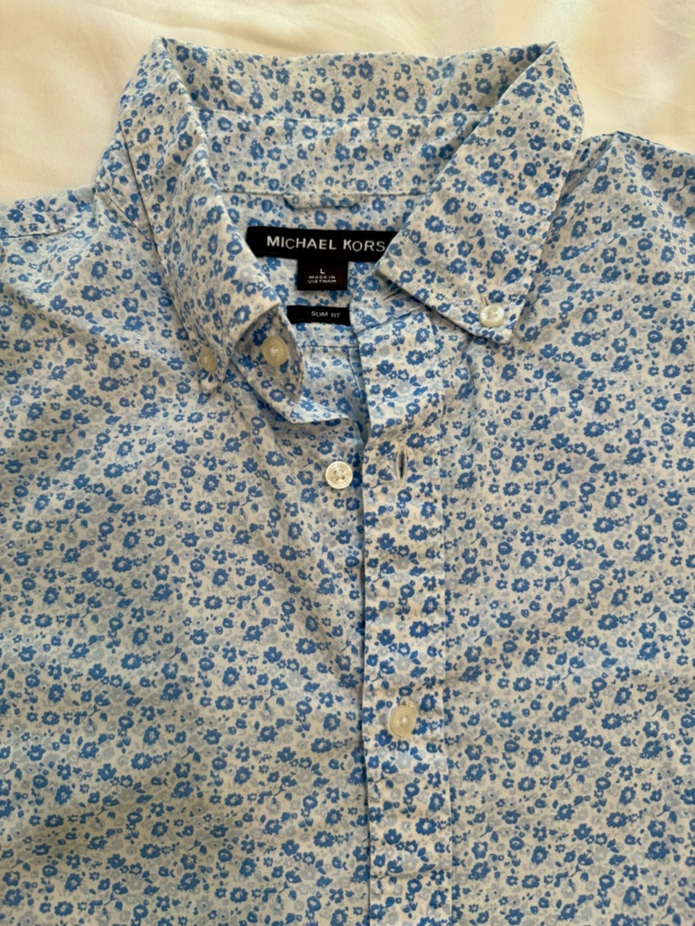 Michael Kors Short-Sleeve Button-Up Shirt | Large Slim Fit | Blue Floral Print